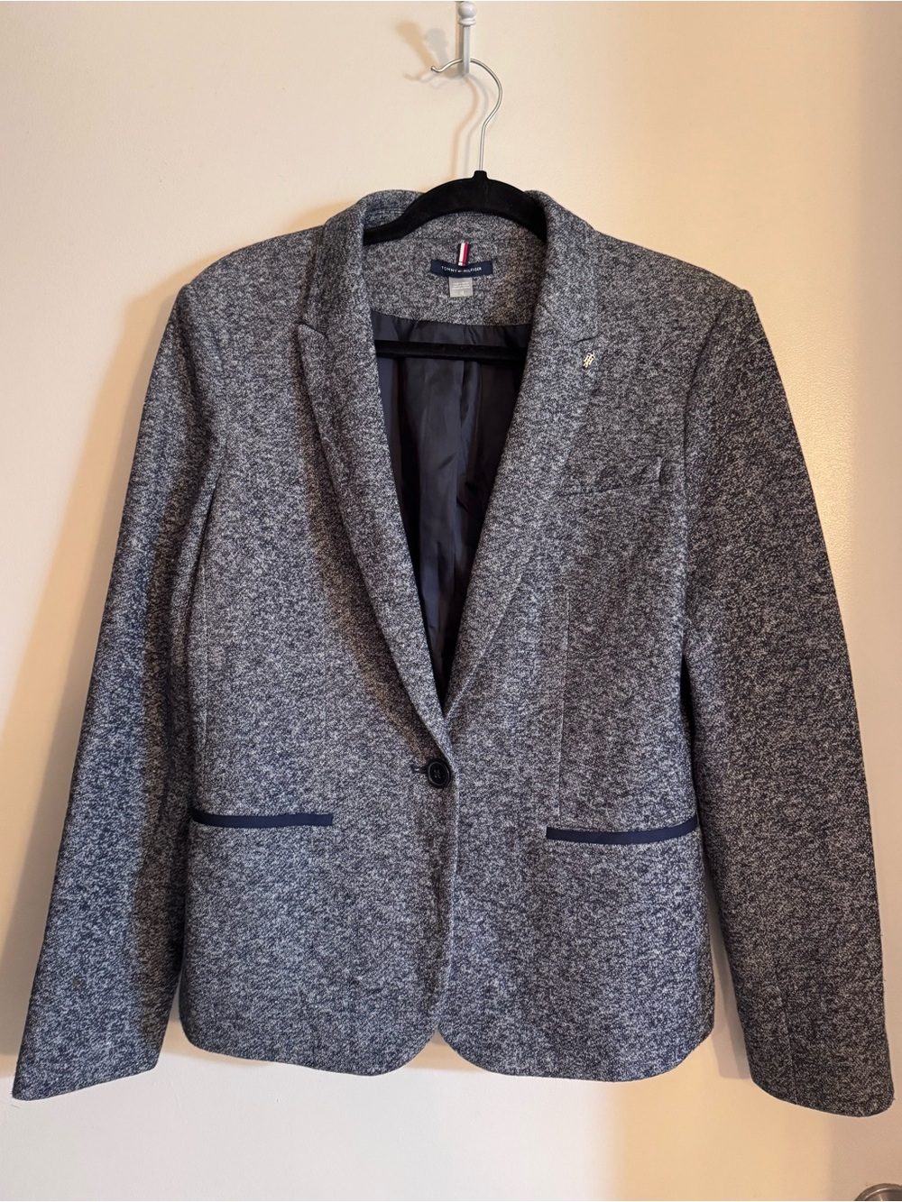 Tommy Hilfiger Marled Navy Blue Single Button Elbow Patch Blazer, Size 12
